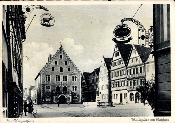 Postcard Bad Mergentheim in Tauberfranken, market square with town hall, architecture, black and white picture