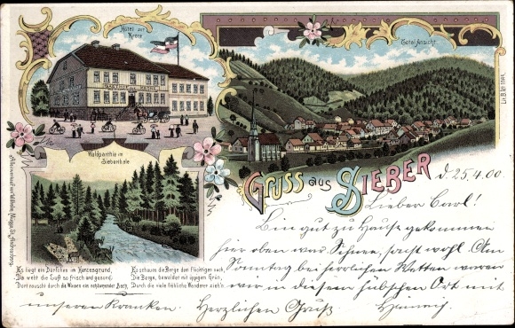 litho Sieber Herzberg am Harz in Nedersaksen, Hotel zur Krone, Siebertal, totaaloverzicht
