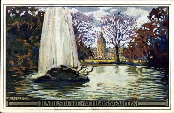 Ak Karlsruhe in Baden, Brunnen, Schlossgarten,  Wasser, Bäume, W. Hempfing