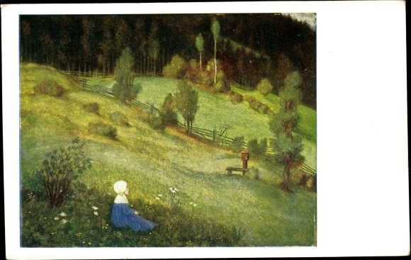 Artist PC Schiestl, Matthäus, pre-alpine landscape, girl on a meadow