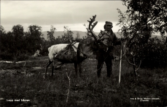 Postcard Lappland, Man with Reindeer