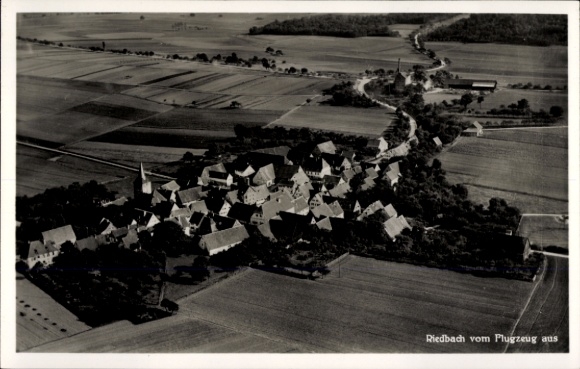 Postcard Riedbach in Lower Franconia, aerial photograph of rural surroundings, black and white photography