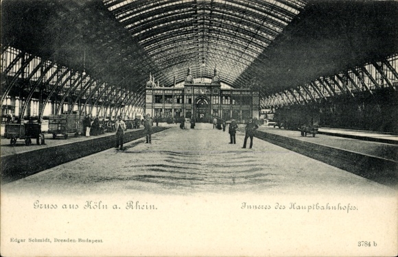 Postcard Cologne am Rhein, main station, interior view
