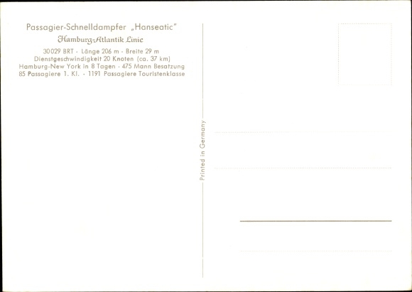 PC Hamburg, steamer Hanseatic, Hamburg Atlantic Line