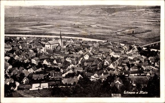 Postcard Eltmann in Lower Franconia, town view with church, houses, landscape, river