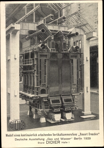 Postcard vertical chamber furnace type Dresden, Didier company, German exhibition gas and water Berlin 1929