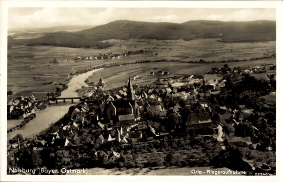 Postcard Nabburg in the Upper Palatinate, aerial photograph of Bavarian Ostmark, river, church, rural surroundings