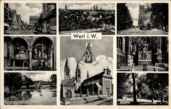 Ak Werl in Westfalen, hoogaltaar van de bedevaartskerk, fabriek, algemeen beeld, kuurtuin