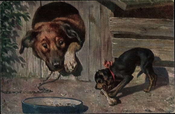 Artist PC dog in kennel, small dog with bone, advertisement Wychgels Thee