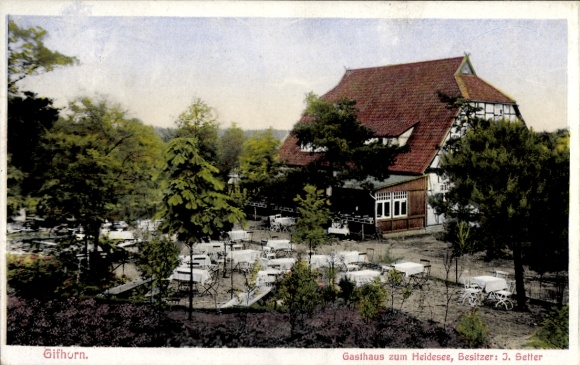 Postcard Gifhorn in Lower Saxony, Gasthaus zum Heidesee, exterior view, garden, trees