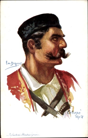 Artist Postcard Dupuis, Emil, France's Allies, Cetinje 1914, Montenegrin soldier, infantry
