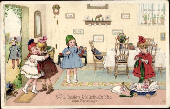 Artist Postcard Döring, Lia, congratulations on birthday, reception of guests, children, dachshunds, dolls