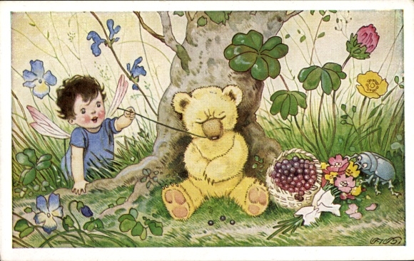 Künstler Ak Baumgarten, Fritz, Elfe kitzelt Teddybär an der Nase, Blumen, Käfer
