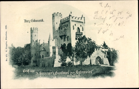 Postcard Pullach in the Isar valley, Schwaneck Castle, Inn zum Rabenwirt