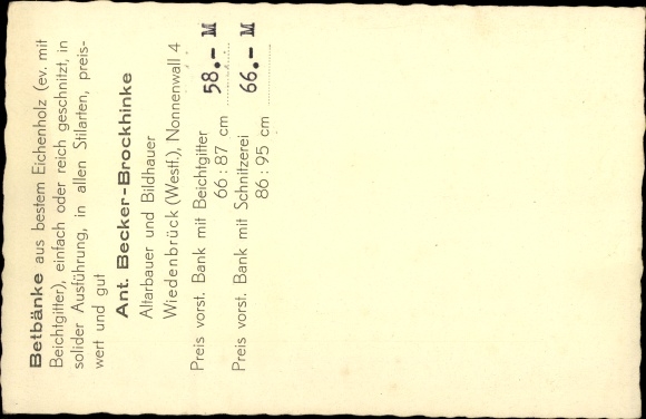 Postcard Rheda Wiedenbrück district of Gütersloh, Betbänke Ant. Becker Brockhinke, Nonnenwall 4
