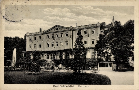 Postcard Bad Salzschlirf in Hesse, view of the spa house, water fountain