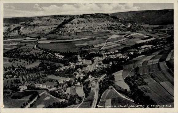 Postcard Geislingen an der Steige, aerial photograph of Nenningen, fields, hills, aerial photograph