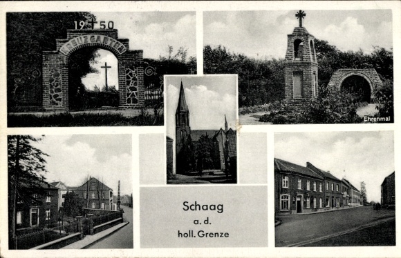 Postcard Schaag Nettetal on the Lower Rhine, memorial, church, street