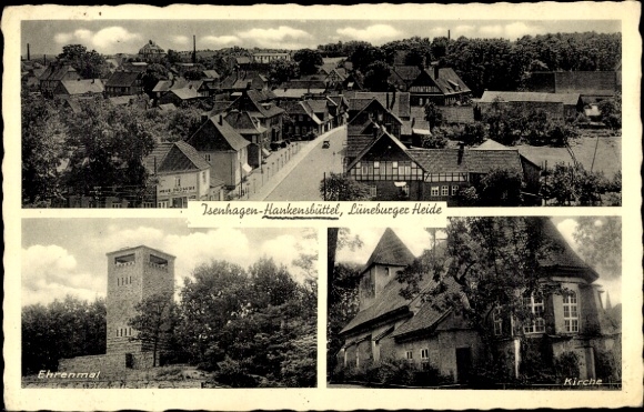 Postcard Isenhagen Hankensbüttel in Lower Saxony, partial view, cenotaph, church