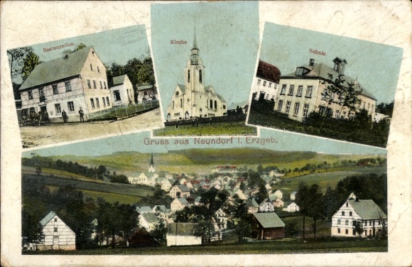 Ak Neundorf Thermalbad Wiesenbad im Erzgebirgskreis, Kirche, Schule, Gesamtansicht