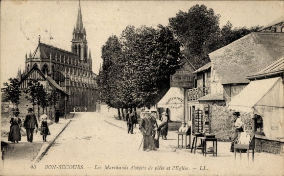 Ak Bonsecours Seine Maritime, Kirche, Händler verkaufen religiöse Objekte