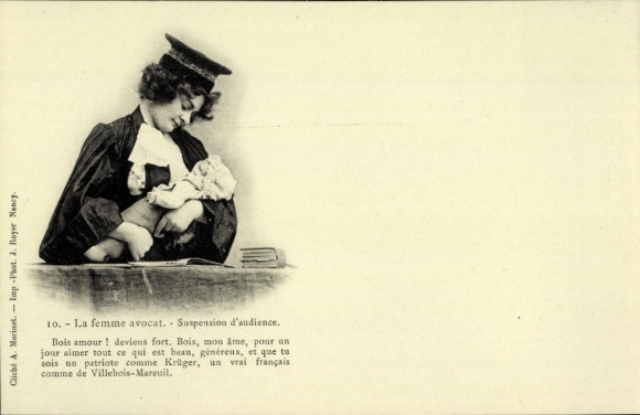 Postcard lawyer with baby, court hearing, emancipation