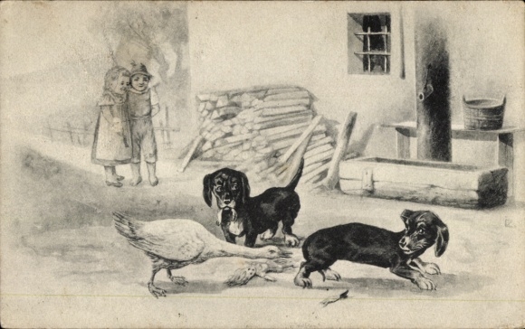 Chromo-Litho Two Dachshunds and Goose, Children, Farm