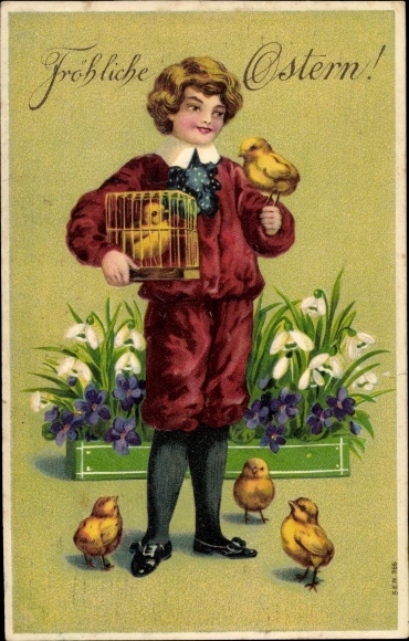 Embossed litho Happy Easter, boy with chick, cage, snowdrop, violet