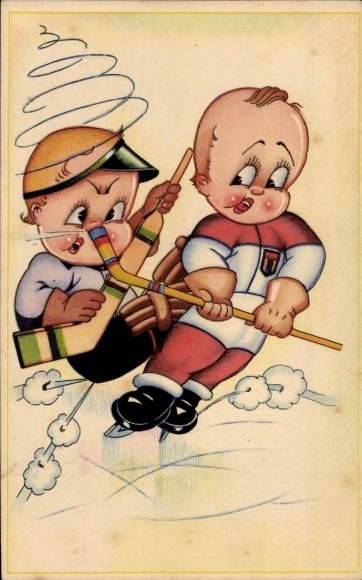 Postcard Children play ice hockey, boy gets the stick against his nose
