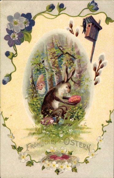 Ak Glückwunsch Ostern, Hase versteckt Eier, Zwerg