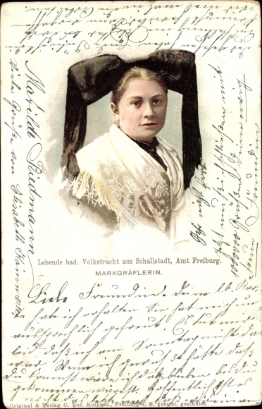 Chromo-Litho Schallstadt in the Black Forest Baden, costumes Black Forest, Markgräflerin