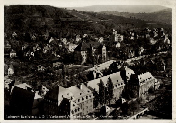 Postcard Bensheim an der Bergstraße Hessen, aerial photography, Aufbauschule Konflikt and Gymnasium