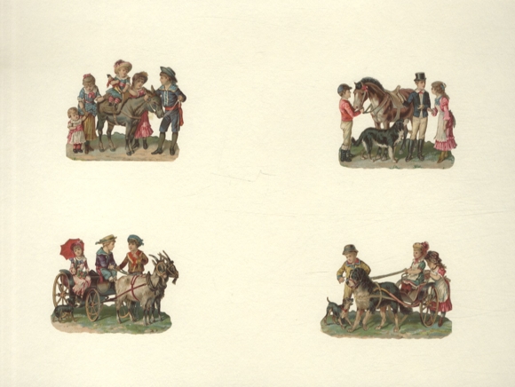 4 wafers children in carriages, donkey, dog, horse. each approx. 5 x 7 cm