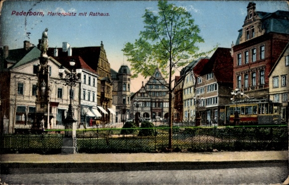 Postcard Paderborn, Marienplatz with town hall, tram