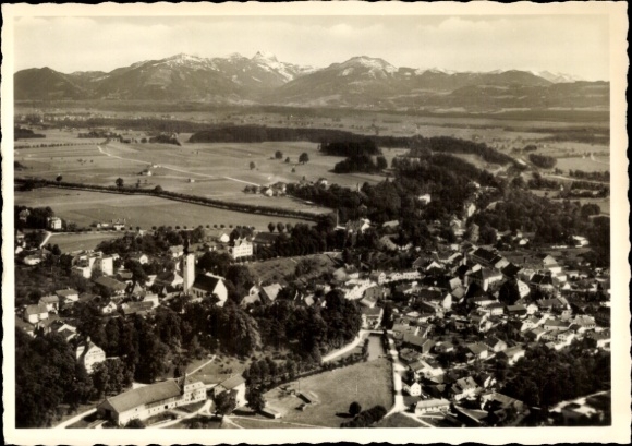 Postcard Bad Aibling in Upper Bavaria, aerial view of surrounding mountains, rural surroundings