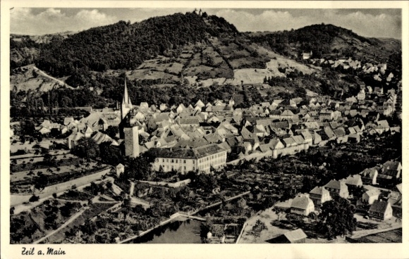 Postcard Zeil am Main Lower Franconia, aerial photograph, city view, church, landscape, building