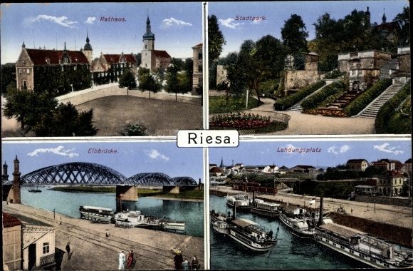 Ak Riesa an der Elbe Sachsen, Rathaus, Elbbrücke, Stadtpark, Landungsplatz