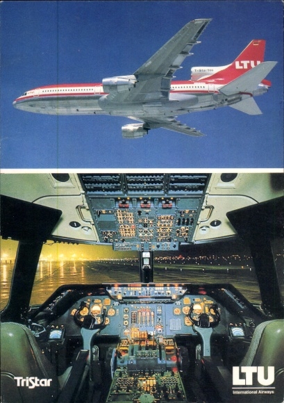 Niemiecki samolot pasażerski Ak, LTU Boeing 757-200, silnik Rolls Royce, TriStar L-1011-1, kokpit