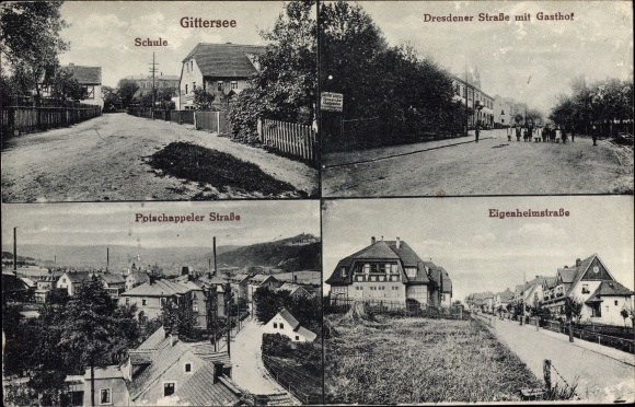 Postcard Dresden Süd Gittersee, school, Dresdner Strasse with inn, Potschappeler Strasse, Eigenheimstrasse