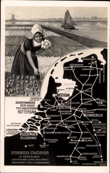 Landkarten Ak Niederländische Staats-Eisenbahn, Streckennetz, Mädchen in Tracht, Tulpenfeld