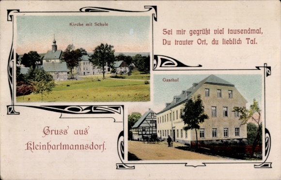 Ak Kleinhartmannsdorf Eppendorf in Sachsen, Kirche mit Schule, Gasthof