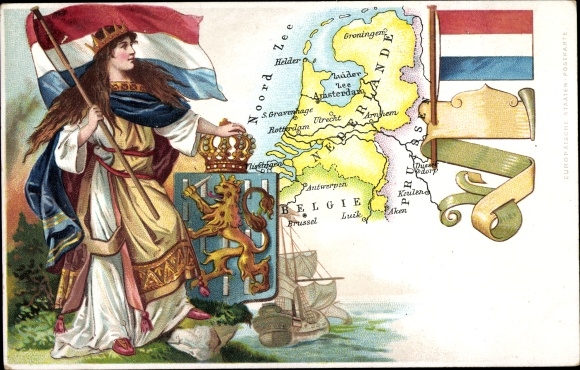 Maps coat of arms Chromo-Litho Netherlands, allegory, flags