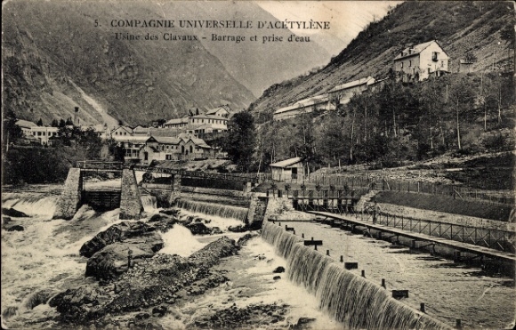 Ak Les Clavaux Allier, Compagnie universelle d'Acétylène, barrage et prise d'eau