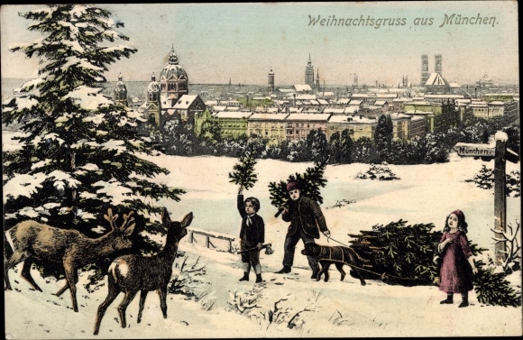 Ak München, Glückwunsch Weihnachten, Kinder, Rehe, Arbeitshund, Tannenbaum