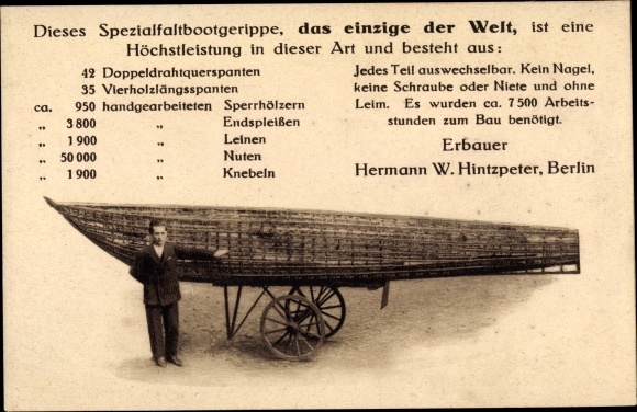 Postcard special boat skeleton by builder Hermann W. Hintzpeter from Berlin