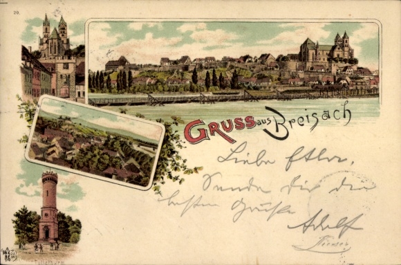 Chromo-Litho Breisach on the Upper Rhine, Tulla Tower, river section, city views