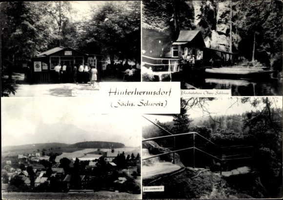 Postcard Hinterhermsdorf Sebnitz Saxon Switzerland, boat station Obere Schleuse, panorama