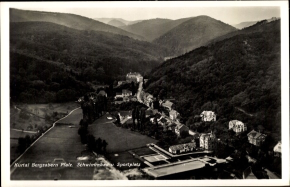 Postcard Bad Bergzabern on the Palatinate Wine Route, swimming pool, sports field, aerial photography