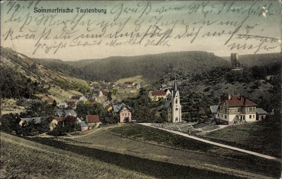 Postcard Tautenburg in Thuringia, summer resort picturesque landscape, church, a few houses