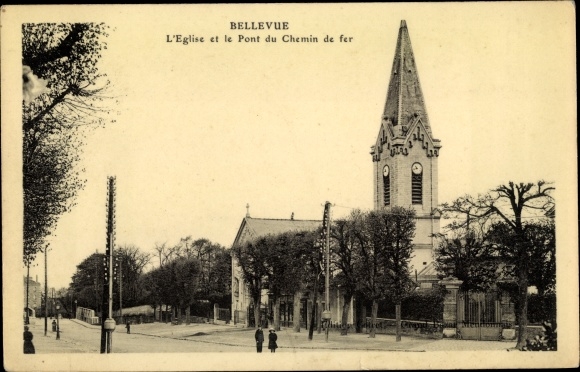 Postcard Bellevue Hauts de Seine, The Church and the Railway Bridge